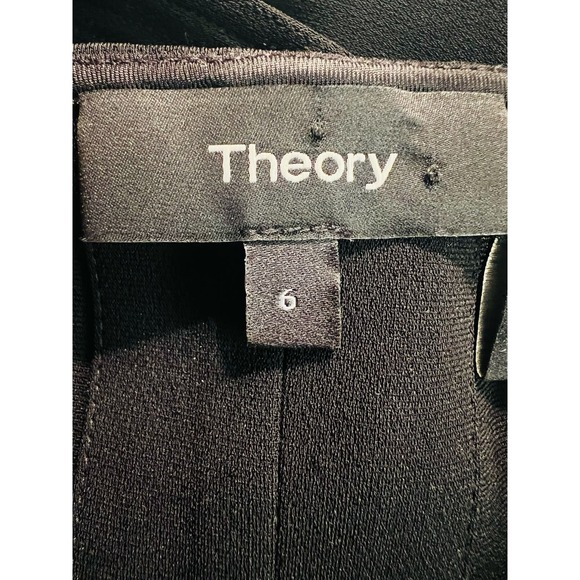 Theory Desza Deep Navy Admiral Crepe Black Asymetrical Hem Belted Dress Sz 6 - Picture 14 of 15